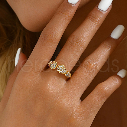 Fashionable Brass Clear Cubic Zirconia Teardrop Open Cuff Ring for Women QR4639-1-1