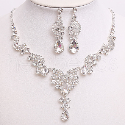 Teardrop & Moon Alloy Rhinestone Pendant Necklace & Stud Dangle Earring FS-WG0A8BD-04-1