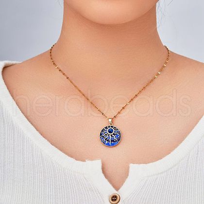 Bohemian Style Brass Blue & Black Enamel Sun Pendant Necklace with Clear Cubic Zirconia JF9651-3-1