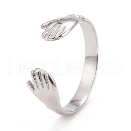 304 Stainless Steel Double Hand Hug Open Cuff Ring for Women RJEW-C025-08B-P-1