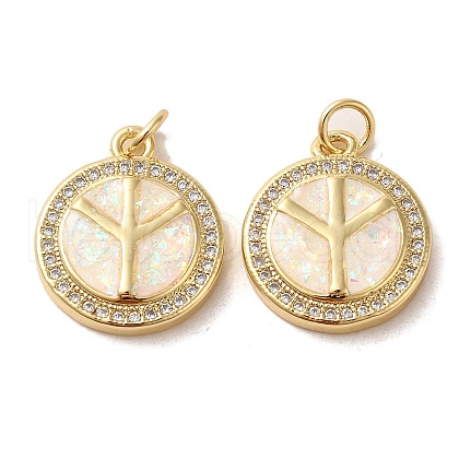 Flat Round with Peace sign & Tower Brass Micro Pave Cubic Zirconia with Synthetic Opal Pendants KK-D096-07B-G-1