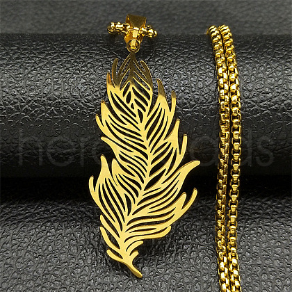 304 Stainless Steel Feather Pendant Necklaces NJEW-K283-12G-1