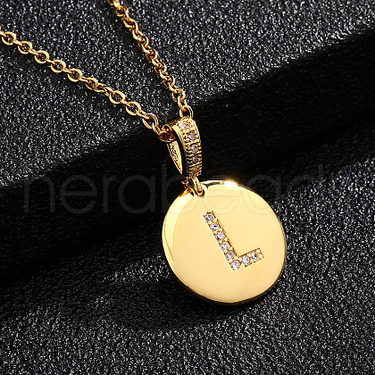 Brass Micro Pave Clear Cubic Zirconia Flat Round with Letter Pendant Necklaces FS-WG00655-12-1