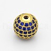 CZ Brass Micro Pave Grade AAA Blue Color Cubic Zirconia Round Beads KK-O065-6mm-03G-NR-1