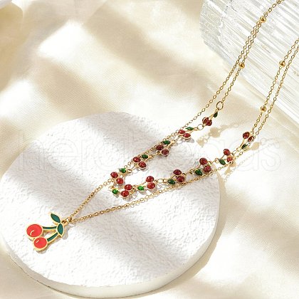 304 Stainless Steel Red Enamel Cherry Pendant Double Layer Necklaces NJEW-M091-03G-1