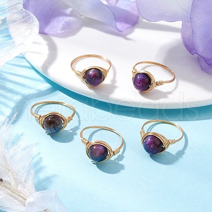 Round Natural Rainbow Tiger Eye Finger Rings RJEW-JR00859-01-1