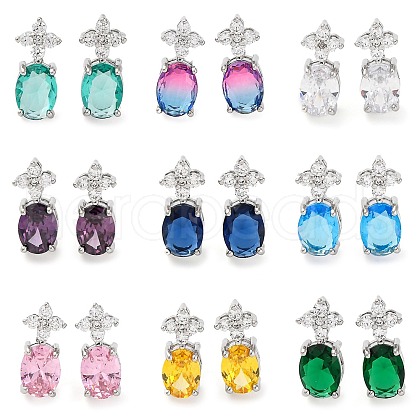 Brass Pave Cubic Zirconia Flower & Oval Stud Earrings for Women EJEW-I304-26P-1