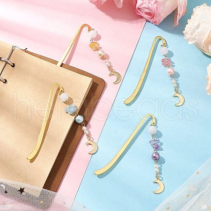 Natural White Jade & Topaz Jade & Aquamarine & Ametrine & Cherry Quartz Glass Chips & Stainless Steel Pendants Moon Charm Bookmarks AJEW-JK00372-1