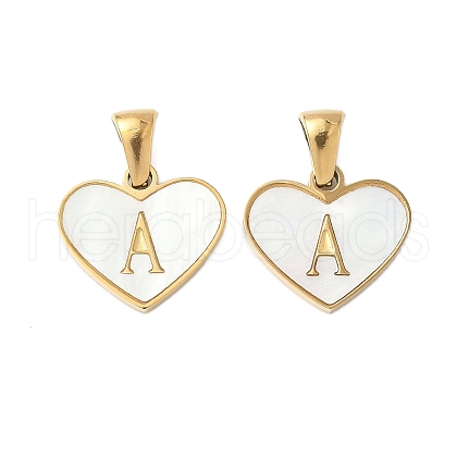 304 Stainless Steel Pave Natural White Shell Heart with Initial Slice Pendants STAS-R168-25G-A-1