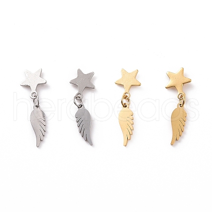 304 Stainless Steel Wing with Star Dangle Stud Earrings for Women EJEW-G328-12-1