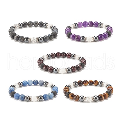 Natural Gemstone & Lava Rock & Howlite & Synthetic Hematite Round Beaded Stretch Bracelet BJEW-JB08180-1