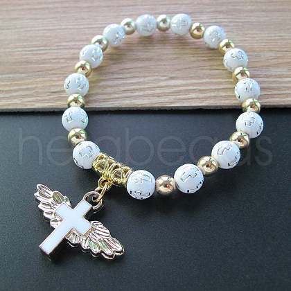 Acrylic Round with Cross Beaded Stretch Bracelets with Cross Charms PW-WG40295-03-1