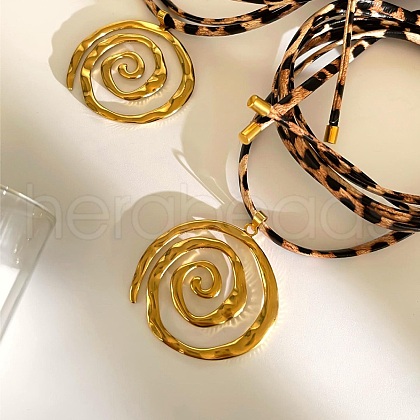 304 Stainless Steel Spiral Pendant Leopard Print Imitation Leather Cord Wrap Necklaces for Women NJEW-K289-02G-1