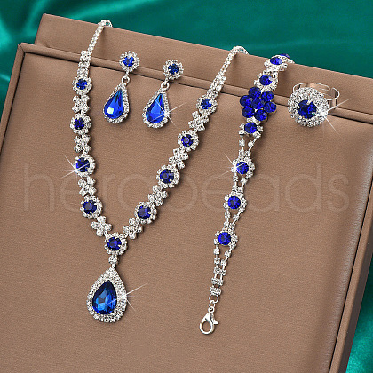 Fashionable Brass Rhinestone Bracelets & Earrings & Necklaces & Rings Sets FS-WG0E119-01-1