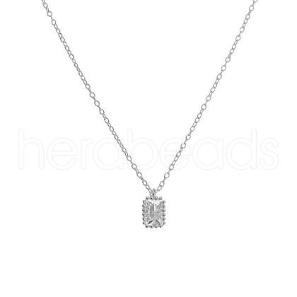 Classic Rectangle 925 Sterling Silver Clear Cubic Zirconia Pendant Cable Chain Necklaces DM1358-2-1