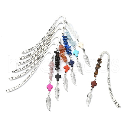 7Pcs 7 Styles Cross Dyed Synthetic Turquoise & Alloy Feather Charm Bookmarks AJEW-JK00350-1