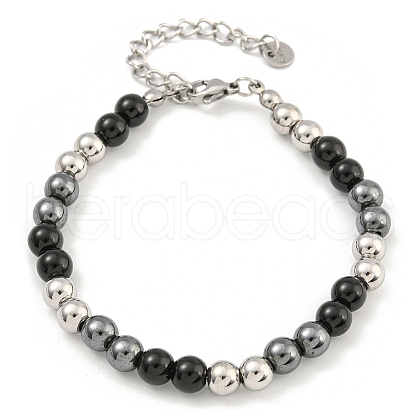 6mm Synthetic Non-magnetic Hematite & Glass & 304 Stainless Steel Round Beaded Bracelets for Women BJEW-G717-05P-1