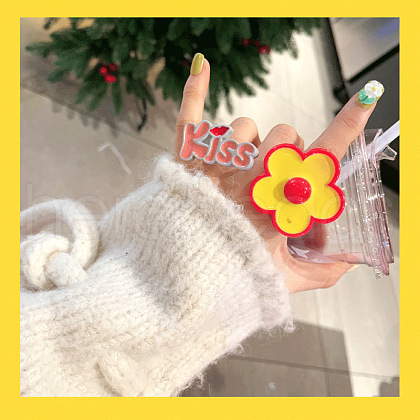 2Pcs Flower & Word Kiss Resin Enamel Finger Rings for Women Girls FS-WG6DDE5-01-1