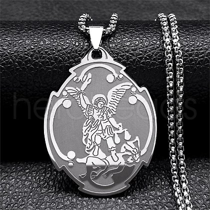 304 Stainless Steel Saint Saint Michael The Archangel Pendant Necklaces for Women NJEW-M105-02P-1