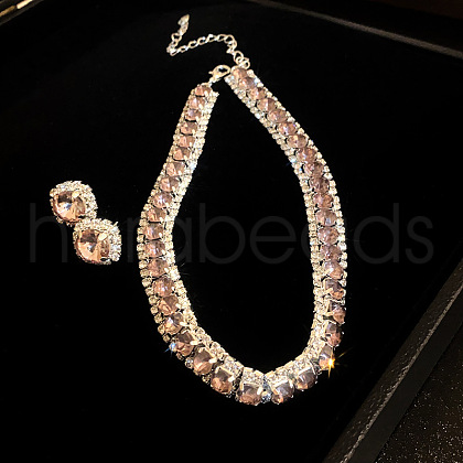 Square Brass with Rhinestone Chain Necklace & Stud Earring WG5A820-03-1