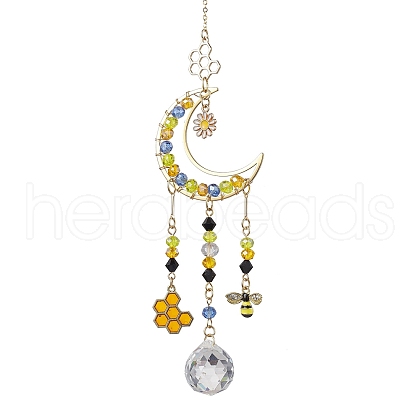 Glass Beads Wire Wrapped Brass Moon Hanging Ornaments HJEW-TA00214-1