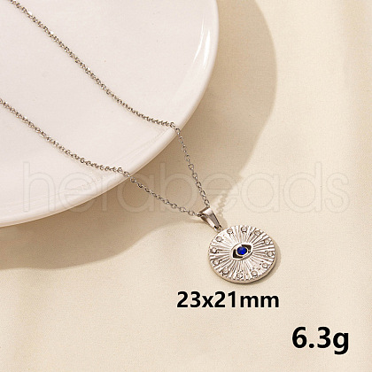 Stylish Stainless Steel Rhinestones Flat Round with Evil Eye Pendant Necklace QQ6499-9-1