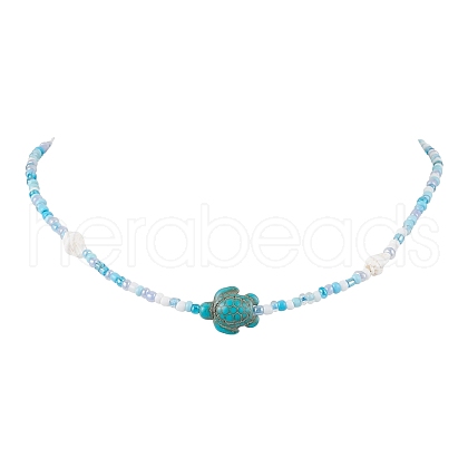 Summer Beach Sea Turtle Dyed Synthetic Turquoise & Glass Seed Beads Beaded Necklaces for Women NJEW-JN05081-01-1