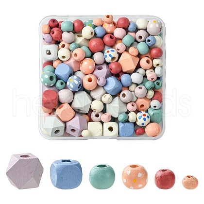 256Pcs 6 Styles Spray Painted Natural Maple Wood Beads WOOD-FS0001-10-1