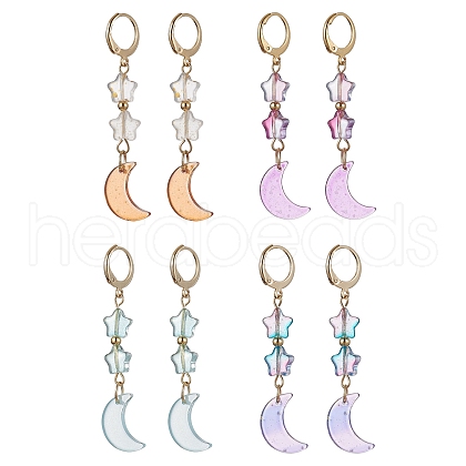 4 Pairs 4 Color Moon & Star Glass Dangle Leverback Earrings EJEW-JE05605-1