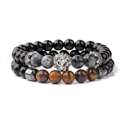 Natural Larvikite & Tiger Eye & Obsidian & Synthetic Hematite Stretch Bead Stretch Bracelets IO9425-3-1