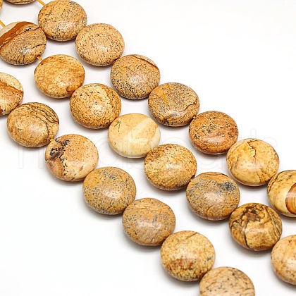 Natural Flat Round Picture Jasper Beads Strands G-L246-17-1