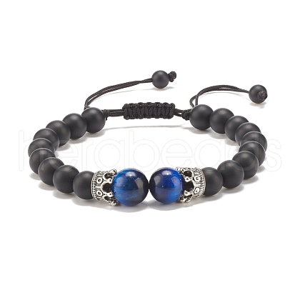 Natural Frosted Black Agate(Dyed) & Tiger Eye Braided Bead Bracelet with Alloy Crown BJEW-JB08249-02-1