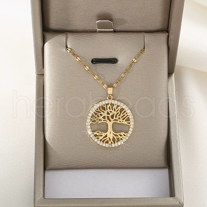 Brass Micro Pave Clear Cubic Zirconia Tree of Life Pendants NJEW-H066-01F-G-1