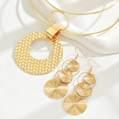 Ring with Flat Round Alloy Pendant Bib Choker & Dangle Earrings Sets FS-WG0F30A-01-1