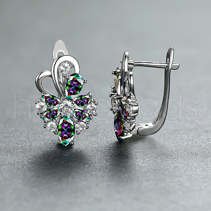 Brass Micro Pave Cubic Zirconia Flower Hoop Earrings WGA76CA-01-1