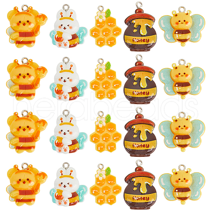 SUNNYCLUE 20Pcs 5 Styles  Bee Theme Opaque Resin Pendants RESI-SC0003-48-1