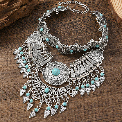 Zinc Alloy Pave Synthetic Turquoise Triangle Trible Floral Chunky Bib Necklaces for Women FS-WG45F90-04-1