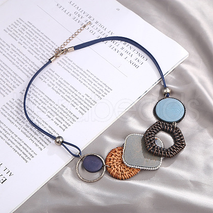 Bohemian Style Alloy and Raffia Geometric Pendant PU Leather Cord Bib Necklaces FS-WG7F958-01-1