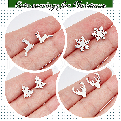 ANATTASOUL 4 Pairs 4 Style Christmas Tree & Deer & Snowflake Exquisite Stainless Steel Stud Earrings for Women EJEW-AN0002-38-1