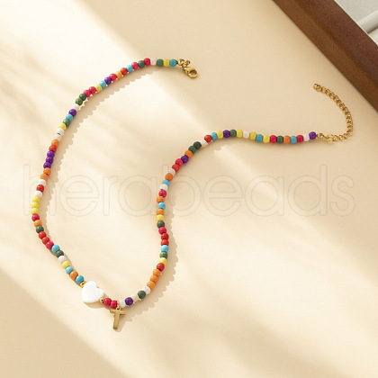 Heart Natural Shell & Colorful Glass Seed Round Beaded Necklaces FS-WGE10D5-19-1
