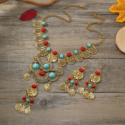 Flat Round Tassel Alloy & Synthetic Turquoise Pendant Necklaces & Dangle Earrings Sets FS-WG5CFCA-01-1