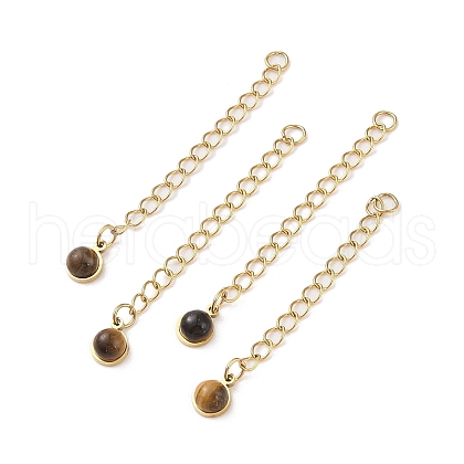 Ion Plating(IP) 316 Surgical Stainless Steel Curb Chain Extender with Natural  Tiger Eye Round Charm STAS-A097-01G-01-1