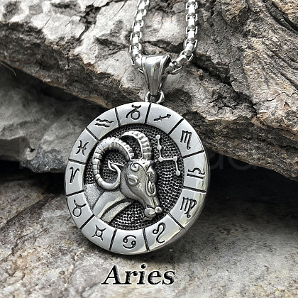 Flat Round with Engraved Twelve Constellation Alloy Pendant Necklace for Women Men WG25F4B-01-1