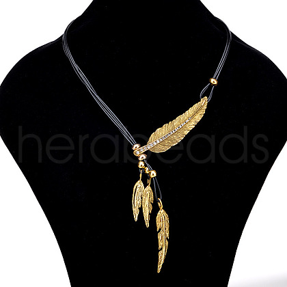 Feather Alloy Crystal Rhinestone Pendant Multi-Strand Black Wax Cord Lariat Necklaces for Women FS-WGEEE72-01-1