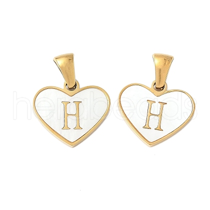 304 Stainless Steel Pave Natural White Shell Heart with Initial Slice Pendants STAS-R168-25G-H-1