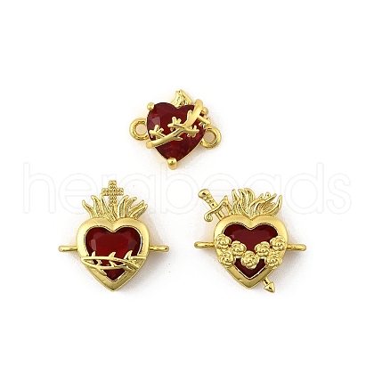 Brass Pave Dark Red Glass Scared Heart Connector Charms KK-FZC0001-01G-1