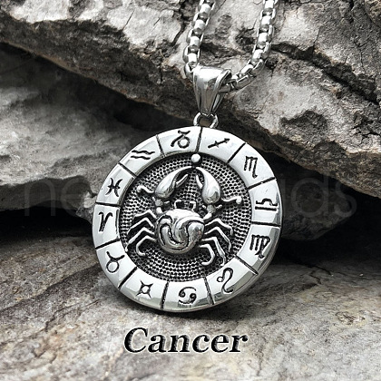 Flat Round with Engraved Twelve Constellation Alloy Pendant Necklace for Women Men WG25F4B-03-1
