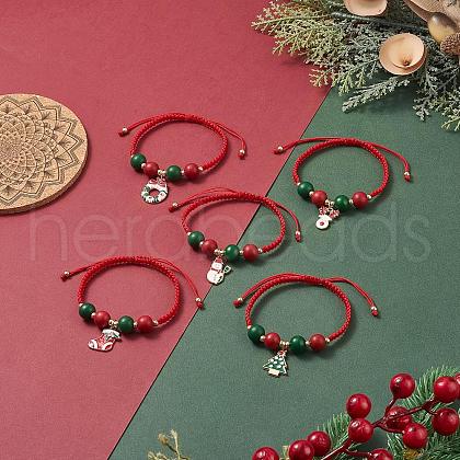 5Pcs 5 Styles Adjustable Red Green Round Wood Braided Bead Bracelet Sets BJEW-JB09928-S-1