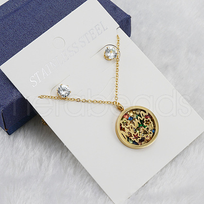 Mother's Day Flat Round with Flower & Word Mama Stainless Steel with Cubic Zirconia Pendant Necklaces & Stud Earring Sets WG8ED63-02-1