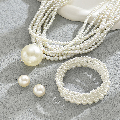 Plastic Imitation Pearl Multilayer Round Beaded Pendant Necklace & Stud Earring & Beaded Bracelet Sets FS-WG48E7A-01-1